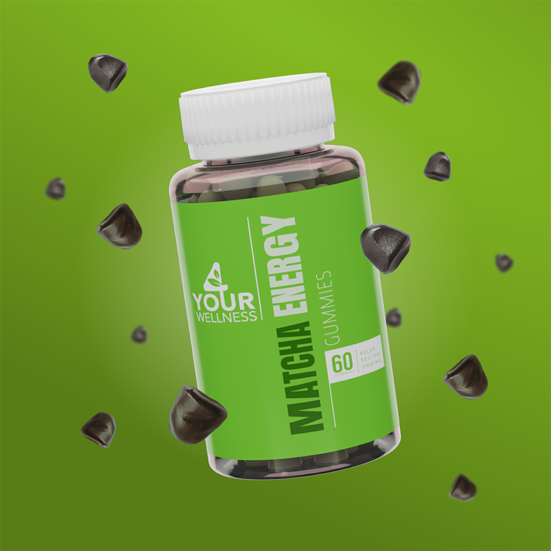 Matcha supplement bottle close-up